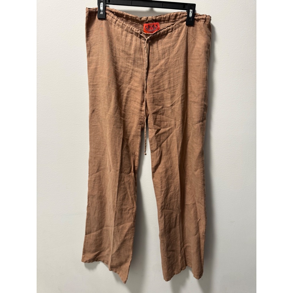 Y2K Juicy Couture Women Brown 100% Linen Wide Leg Drawstring Pant Petite